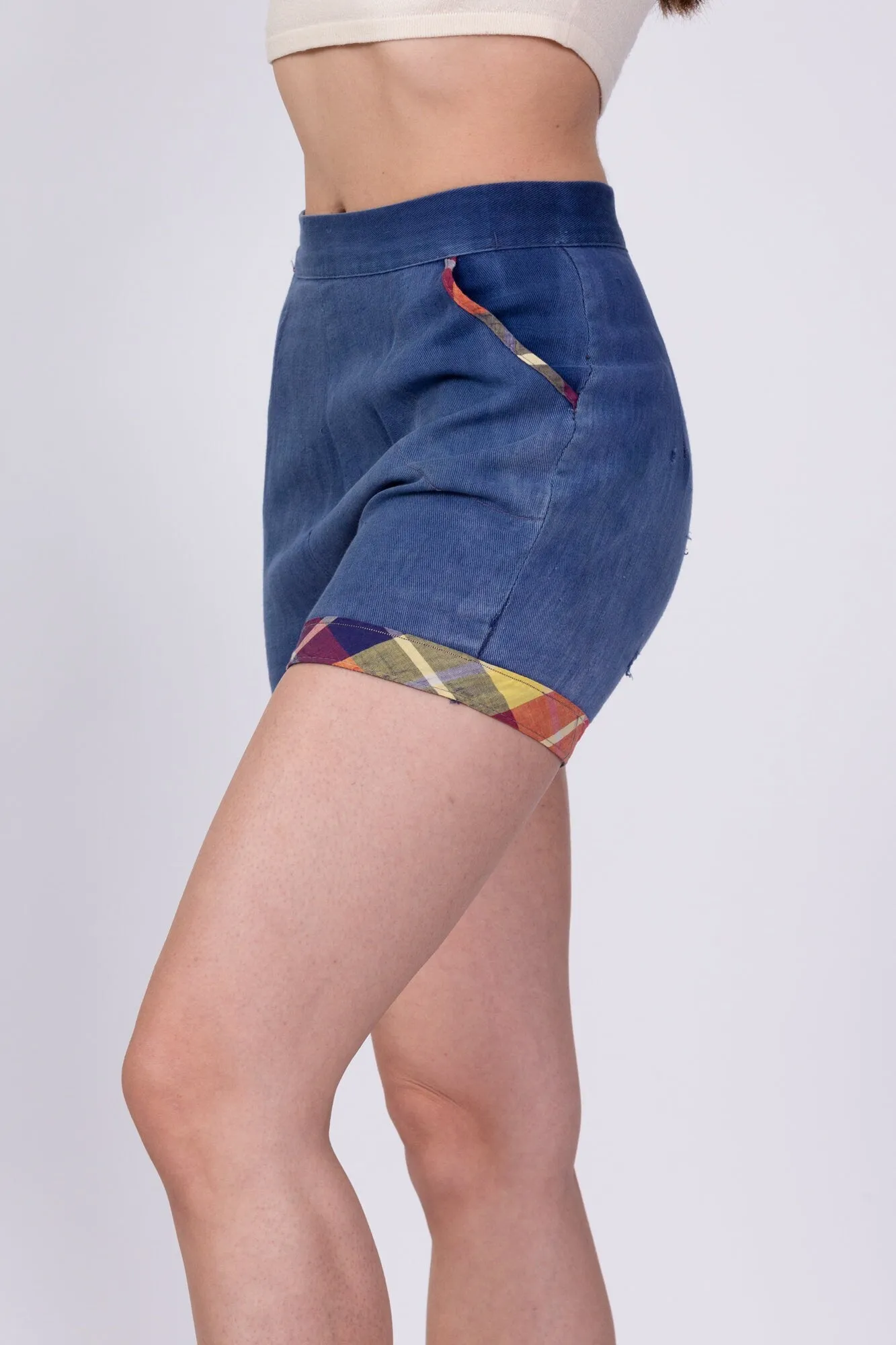 50s 60s Plaid Trim Jean Pinup Shorts - Extra Small, 25"