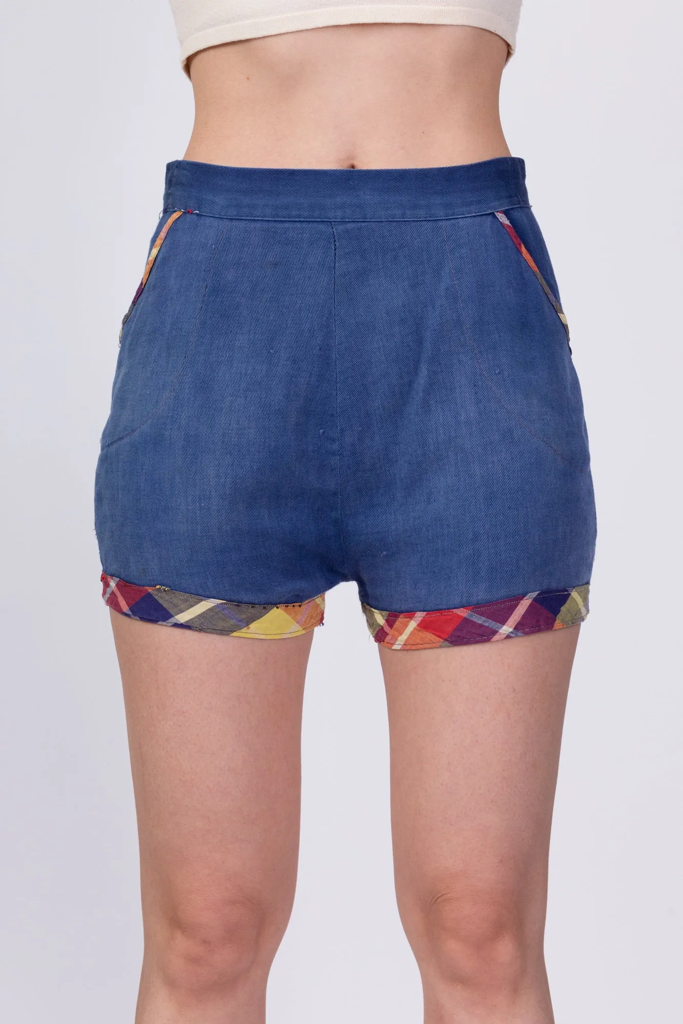 50s 60s Plaid Trim Jean Pinup Shorts - Extra Small, 25"