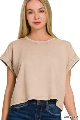 Acid Wash Cotton Folded Sleeve Top