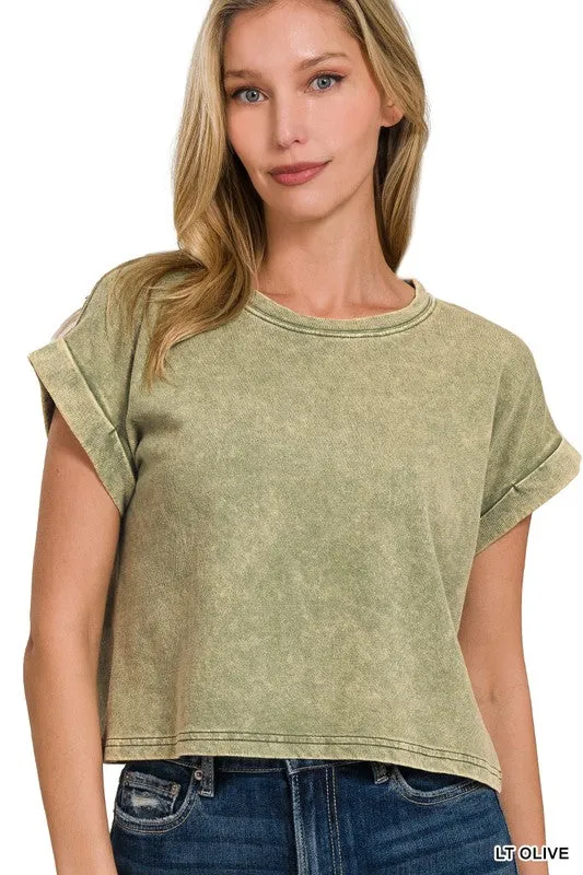 Acid Wash Cotton Folded Sleeve Top