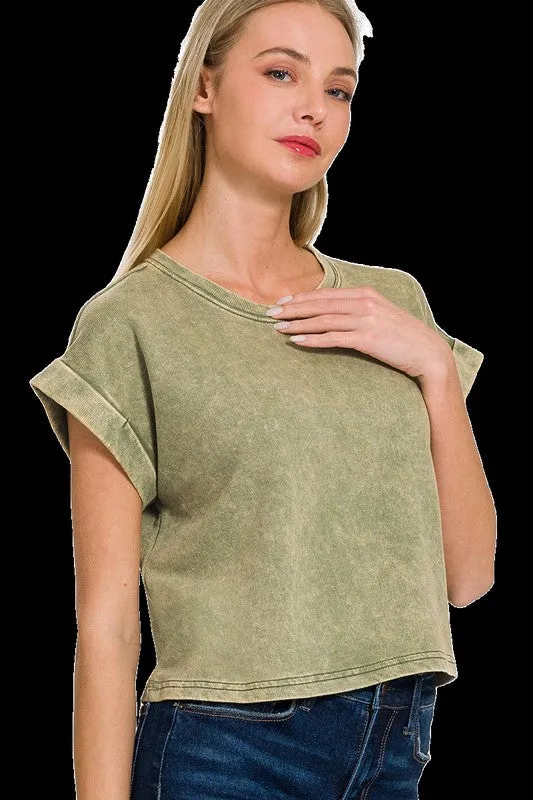 Acid Wash Cotton Folded Sleeve Top