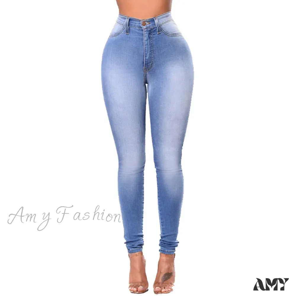 Amy Fashion - Blue Women High Waist Slim Fit Denim Pencil Pants Vintage Bootcut Pull-on Skinny Jean