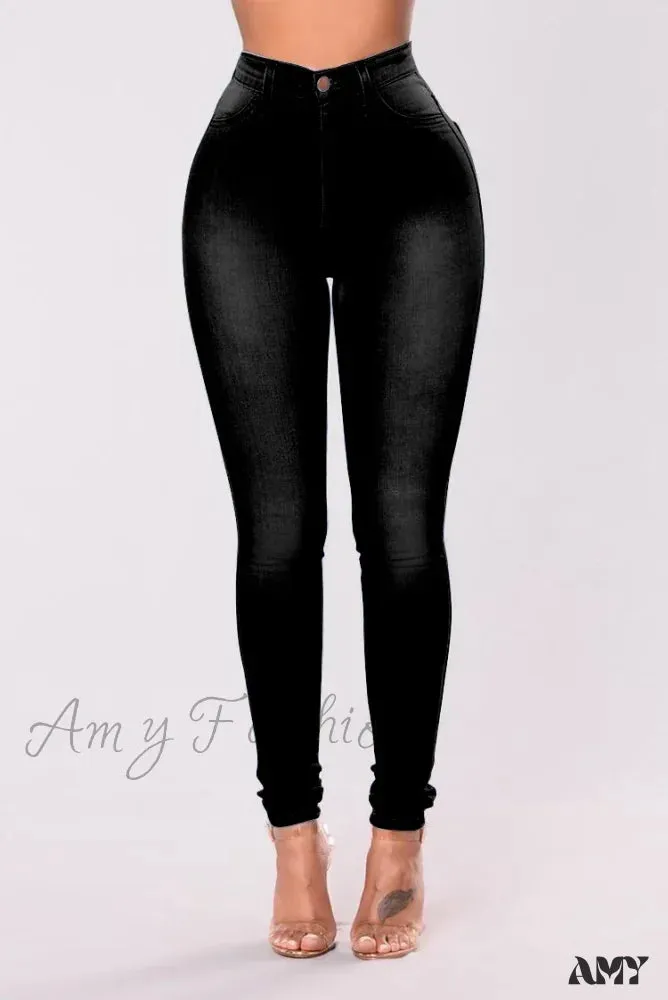 Amy Fashion - Blue Women High Waist Slim Fit Denim Pencil Pants Vintage Bootcut Pull-on Skinny Jean