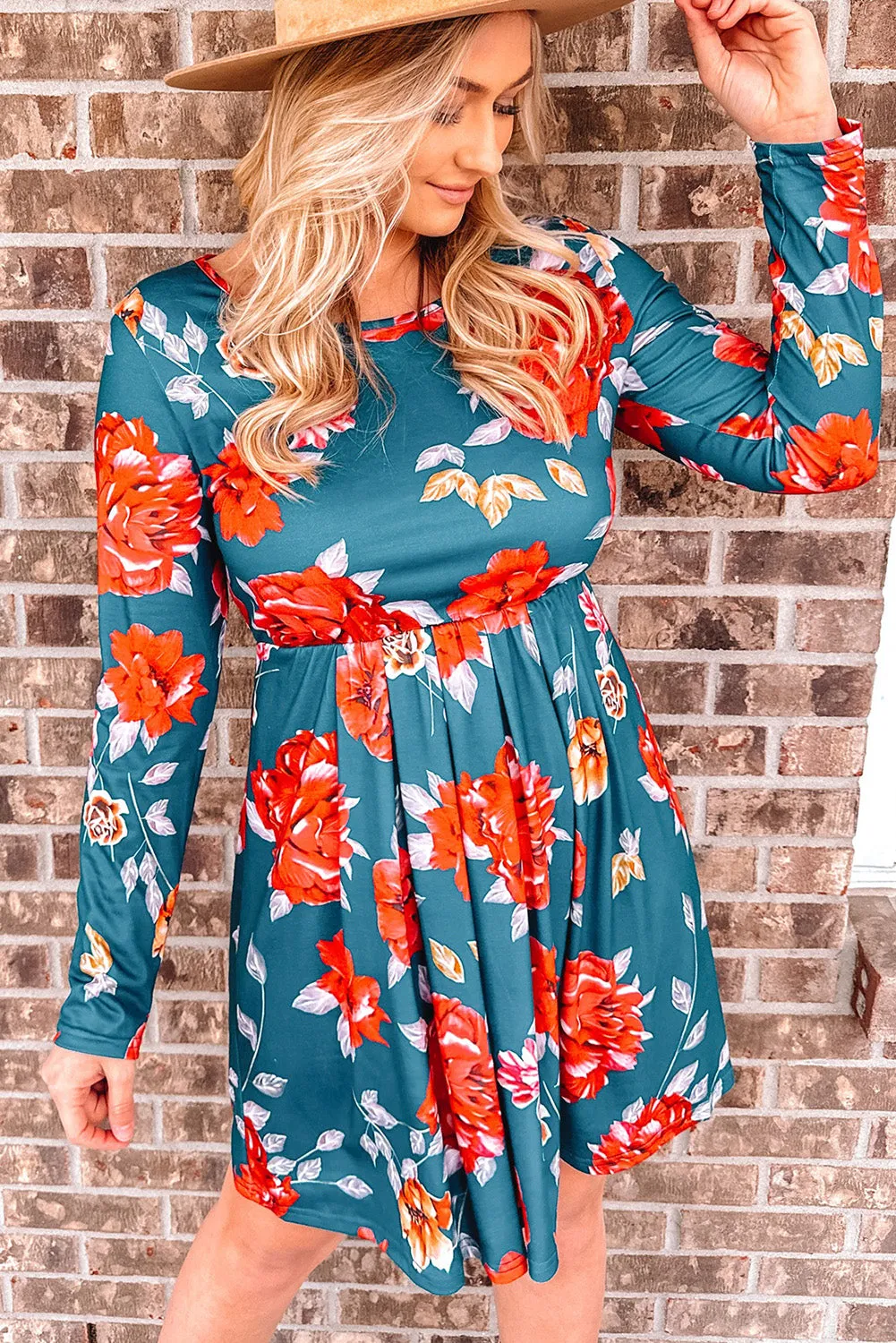 *APP EXCLUSIVE* Floral Long Sleeve Pleated Detail Dress