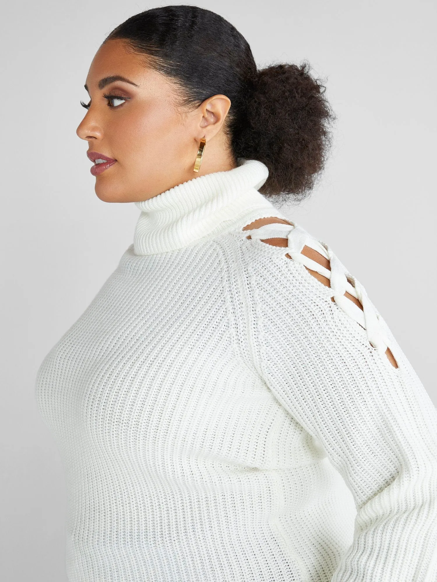 Ava Lace-Up Shoulder Turtleneck Sweater