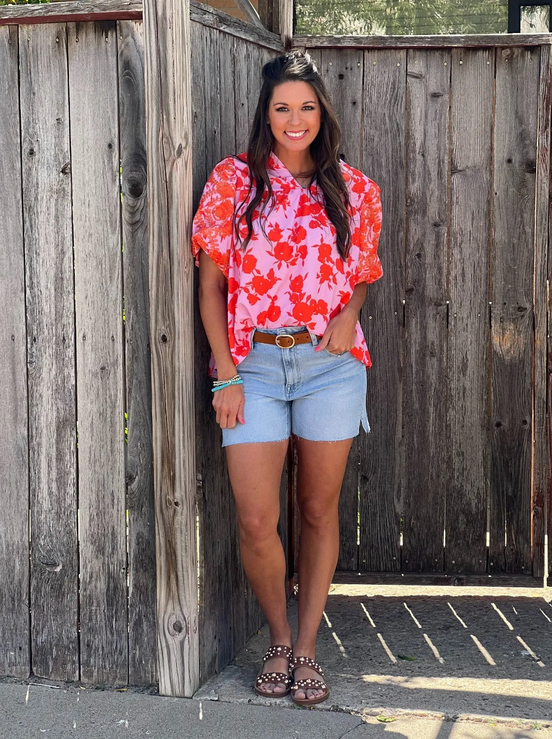 Avery Pink & Orange Floral Embroidery Blouse