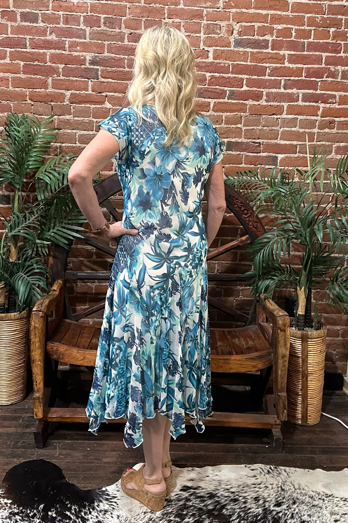 Blue Floral Print Dress with Gold Detailing
