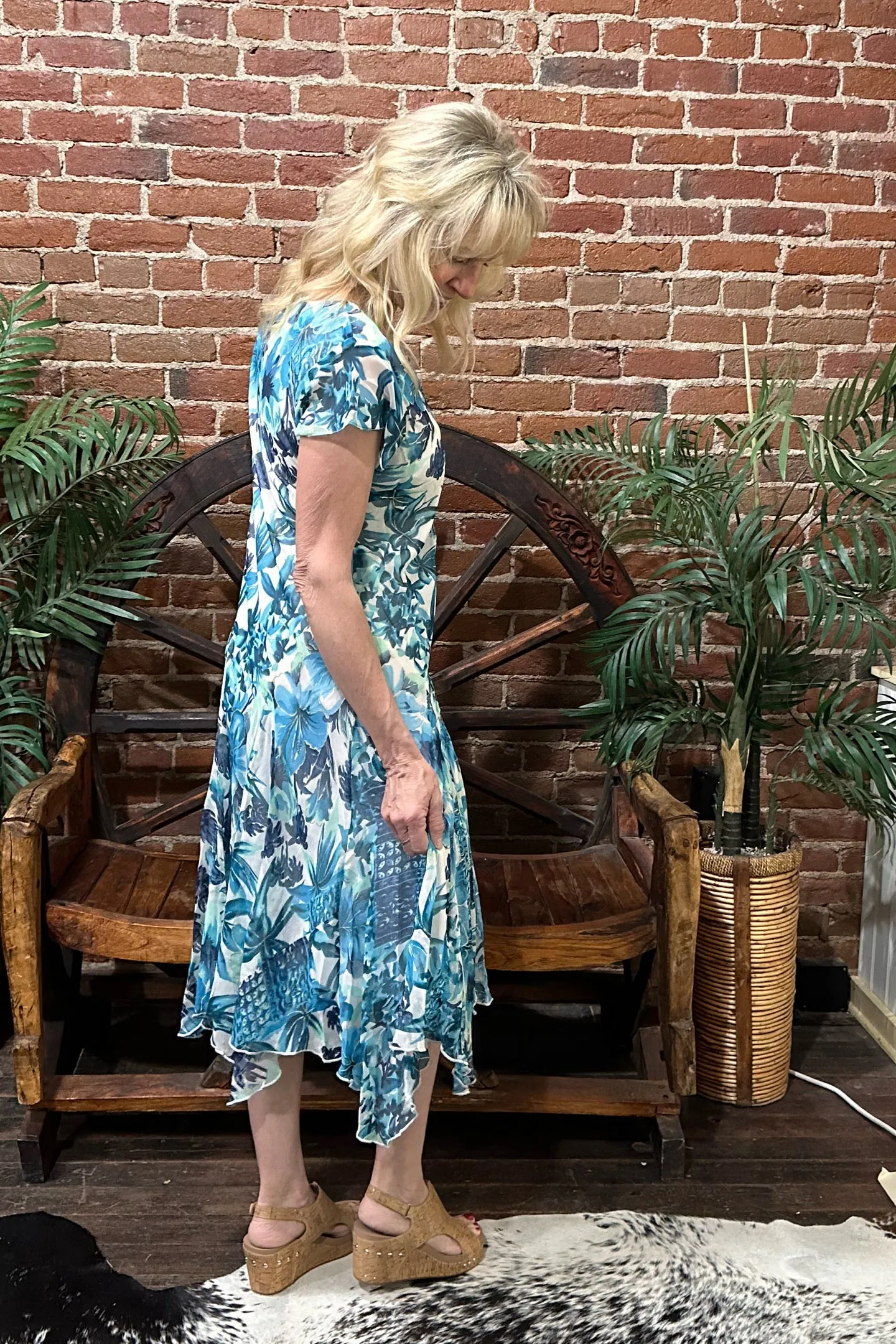 Blue Floral Print Dress with Gold Detailing