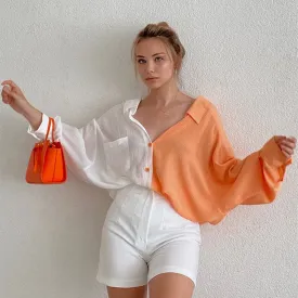 Button Down Loose Batwing Sleeve Colorblock Long Shirt