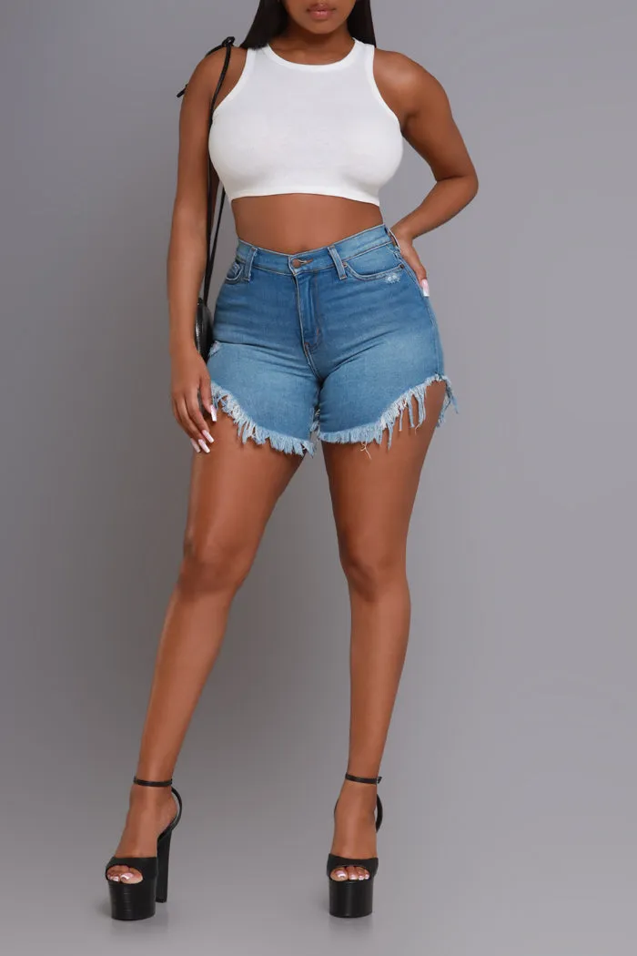 Check In High Rise Frayed Denim Shorts - Medium Wash