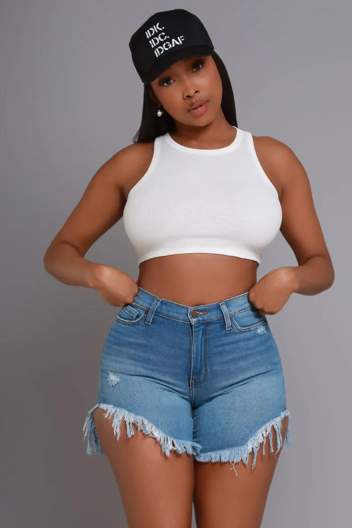 Check In High Rise Frayed Denim Shorts - Medium Wash