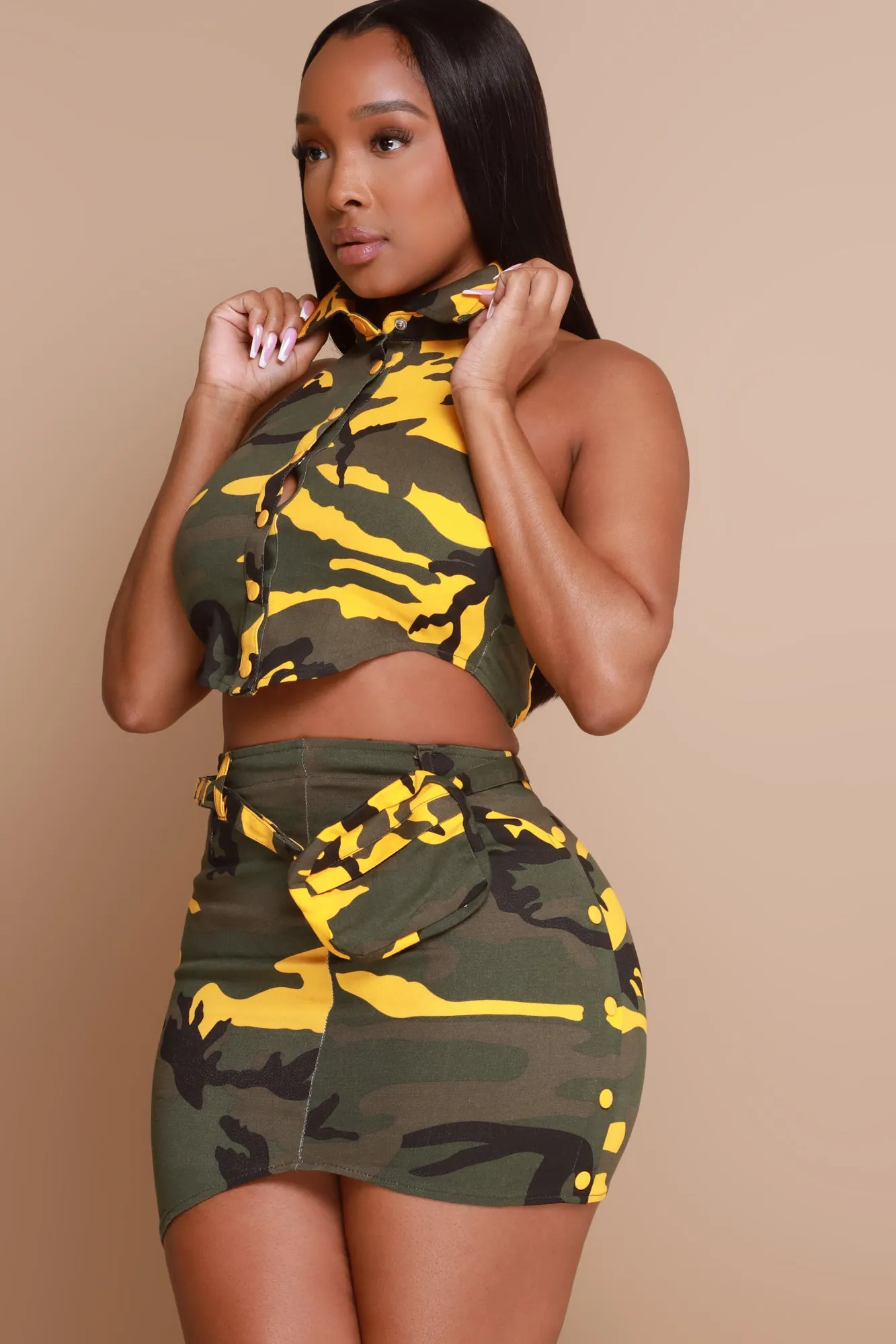 Collide Cropped Skirt Set - Camo Yellow