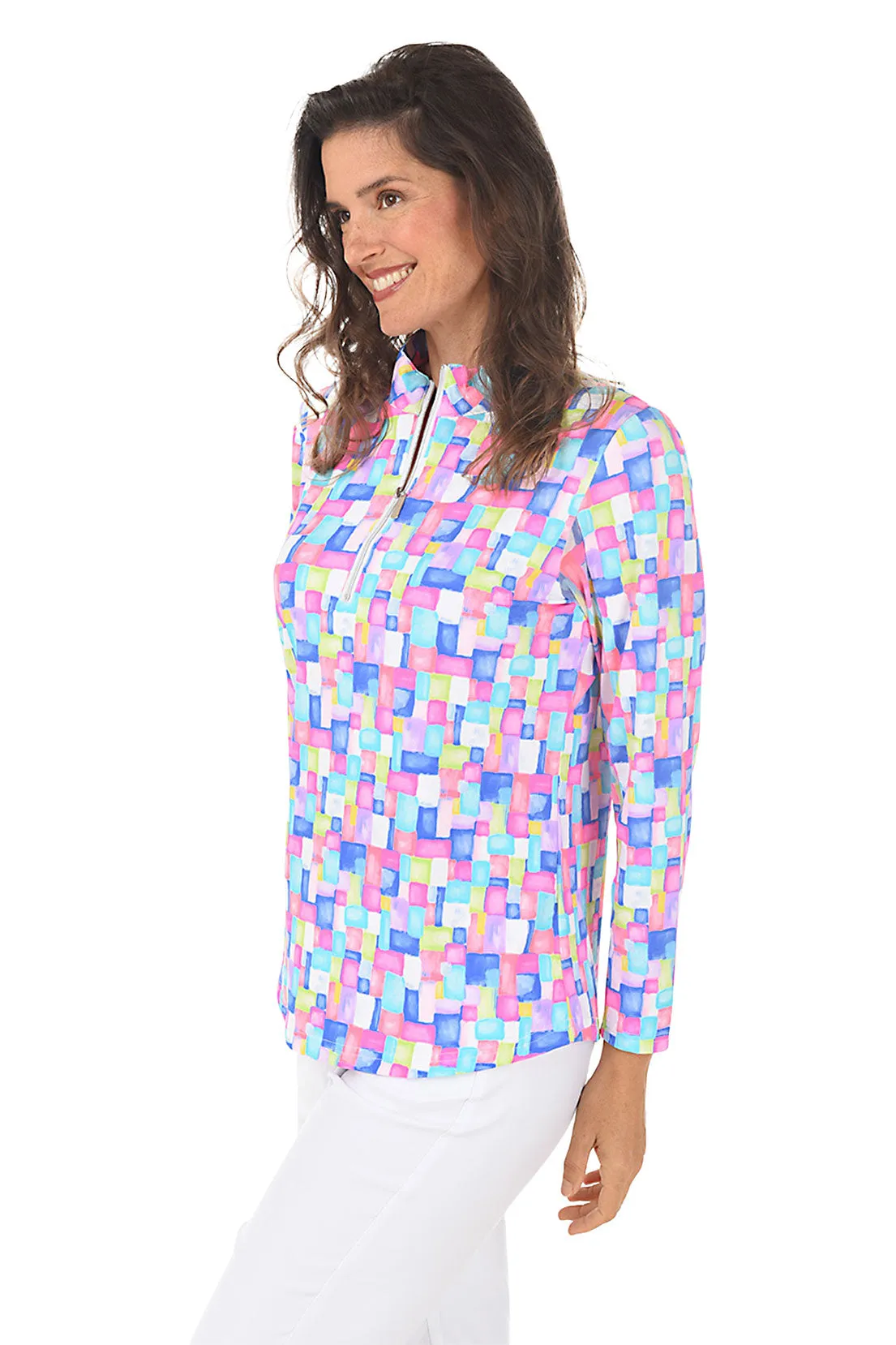 Colorful Cubes Cooling UPF50  Mock Neck Top