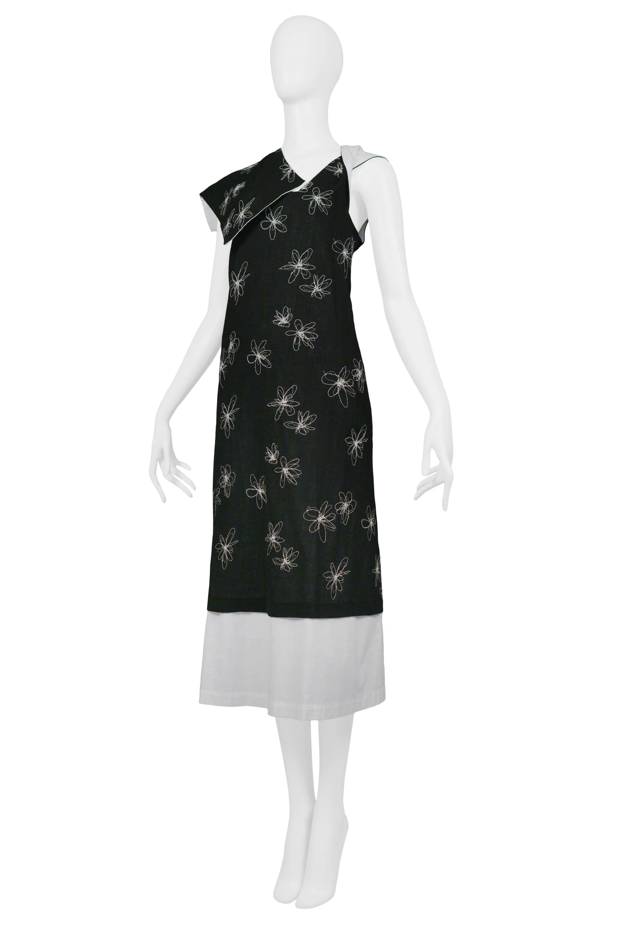COMME DES GARCONS BLACK & WHITE HEM EMBROIDERED FLOWER DRESS 1999