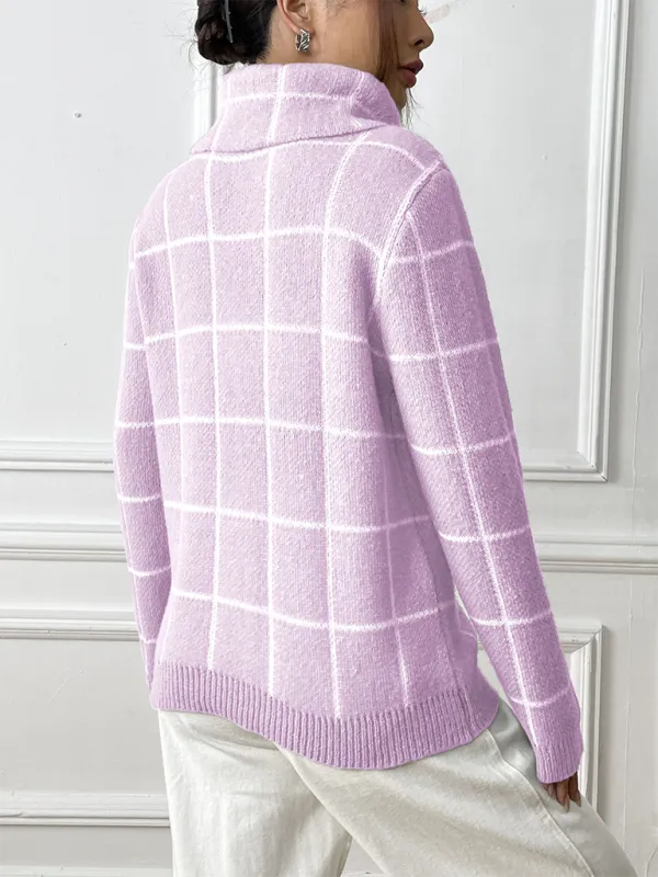 Contrast Plaid Turtleneck Sweater Top