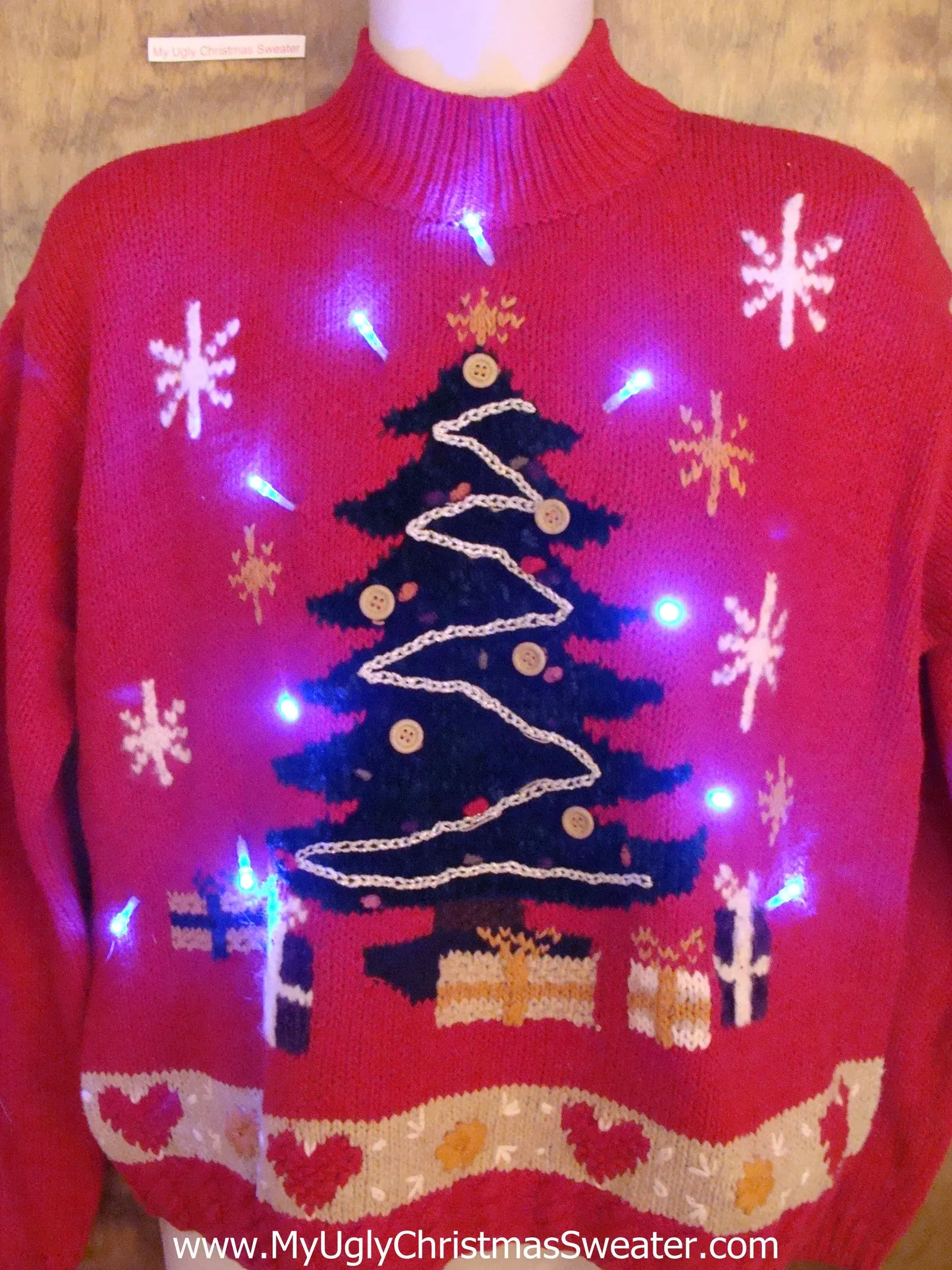 Crafty 80s Tree and Heart Themed Light Up Ugly Xmas Sweater