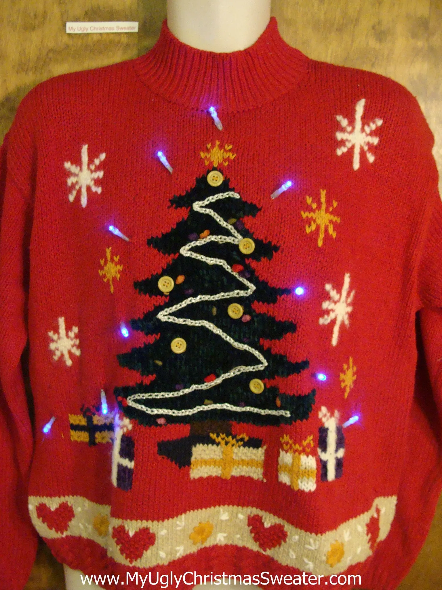Crafty 80s Tree and Heart Themed Light Up Ugly Xmas Sweater