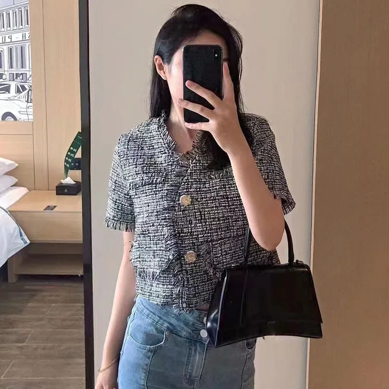deanwangkt Korean Tassel Weave Short Coat Women Fashion Street Single-Breasted Tweed Outerwear Woman Summer Thin V-Neck Short Sleeve Jacket
