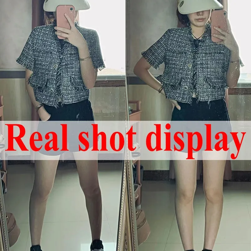 deanwangkt Korean Tassel Weave Short Coat Women Fashion Street Single-Breasted Tweed Outerwear Woman Summer Thin V-Neck Short Sleeve Jacket