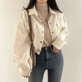 deanwangkt Rimocy Chic Pockets Long Sleeve Cropped Blouse for Women Corduroy Drawstring Short Jacket Woman Korean Wild Solid Color Coats