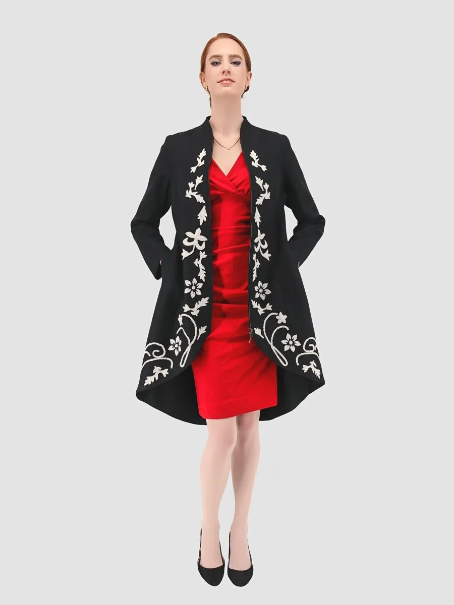 Design Coat in Baby Alpaca & Wool with Floral Appliqué Details