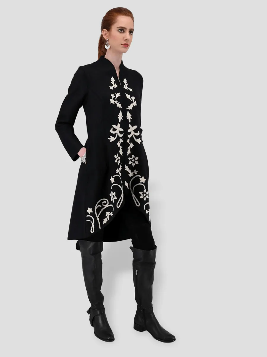 Design Coat in Baby Alpaca & Wool with Floral Appliqué Details