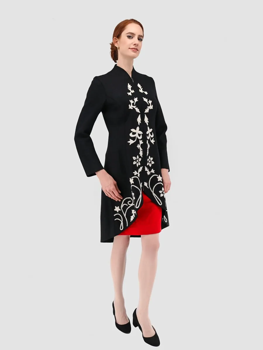 Design Coat in Baby Alpaca & Wool with Floral Appliqué Details