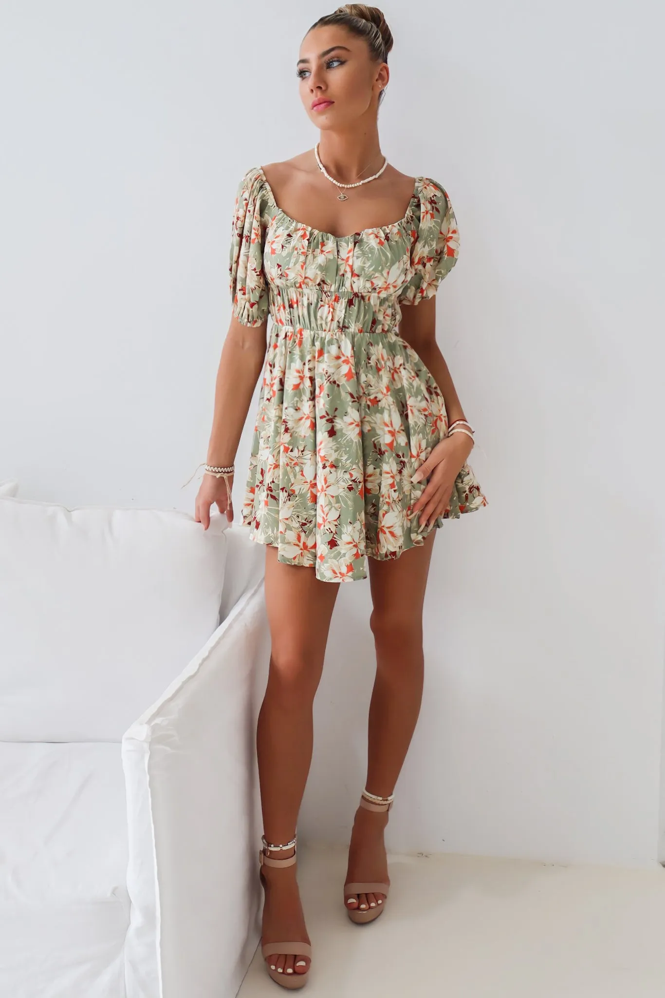 Doria Mini Dress - Green Floral