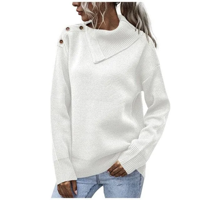 DressBetty - Winter Warm Women Fashion Solid Color Button Turtleneck Causal Loose Long Sleeves Socket Sweater Pullovers Tops Pull Femme
