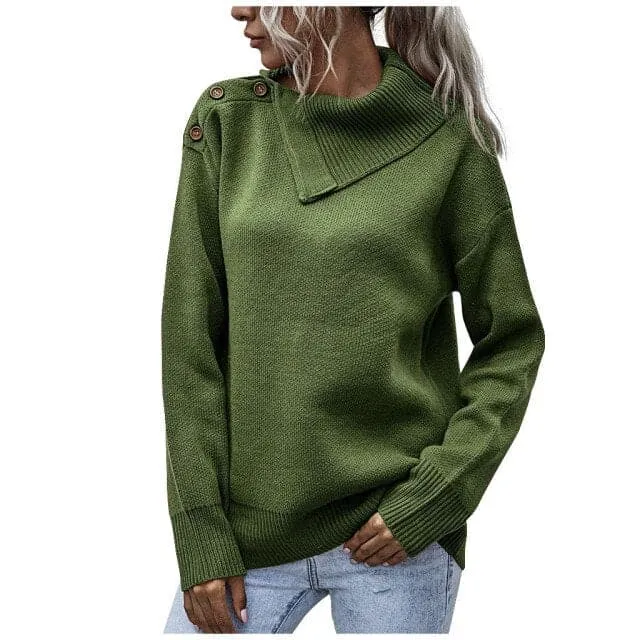DressBetty - Winter Warm Women Fashion Solid Color Button Turtleneck Causal Loose Long Sleeves Socket Sweater Pullovers Tops Pull Femme