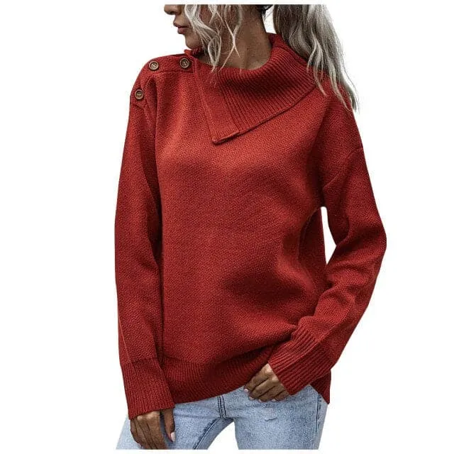 DressBetty - Winter Warm Women Fashion Solid Color Button Turtleneck Causal Loose Long Sleeves Socket Sweater Pullovers Tops Pull Femme