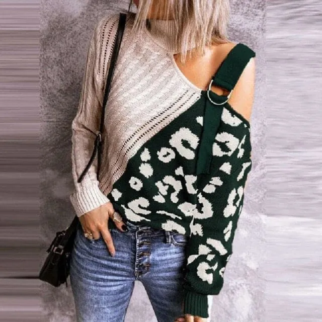 DressBetty - Women Turtleneck Tops Sexy One Off Shoulder Women Pullover Tops Knitted Leopard Sweater Jumper Pull Streetwear Hollow Out Tops