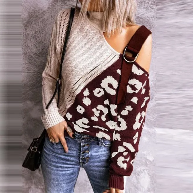 DressBetty - Women Turtleneck Tops Sexy One Off Shoulder Women Pullover Tops Knitted Leopard Sweater Jumper Pull Streetwear Hollow Out Tops
