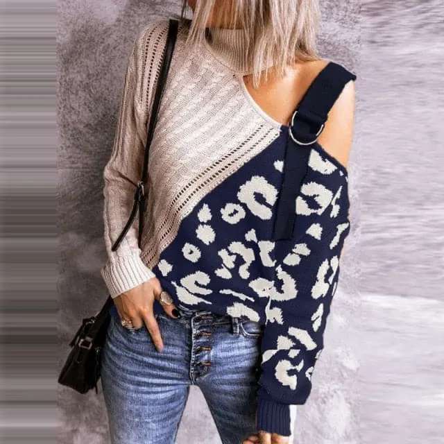 DressBetty - Women Turtleneck Tops Sexy One Off Shoulder Women Pullover Tops Knitted Leopard Sweater Jumper Pull Streetwear Hollow Out Tops