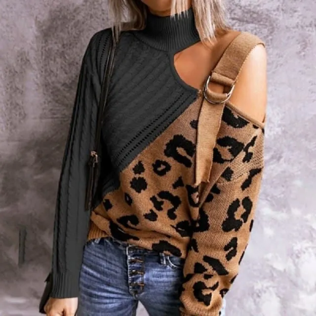DressBetty - Women Turtleneck Tops Sexy One Off Shoulder Women Pullover Tops Knitted Leopard Sweater Jumper Pull Streetwear Hollow Out Tops