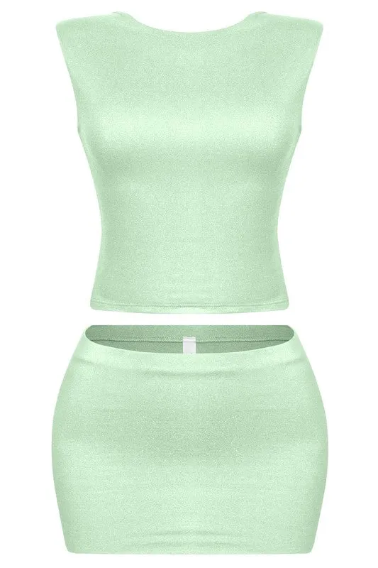 Dulce Open Back Mini Skirt Set (Sage Green)