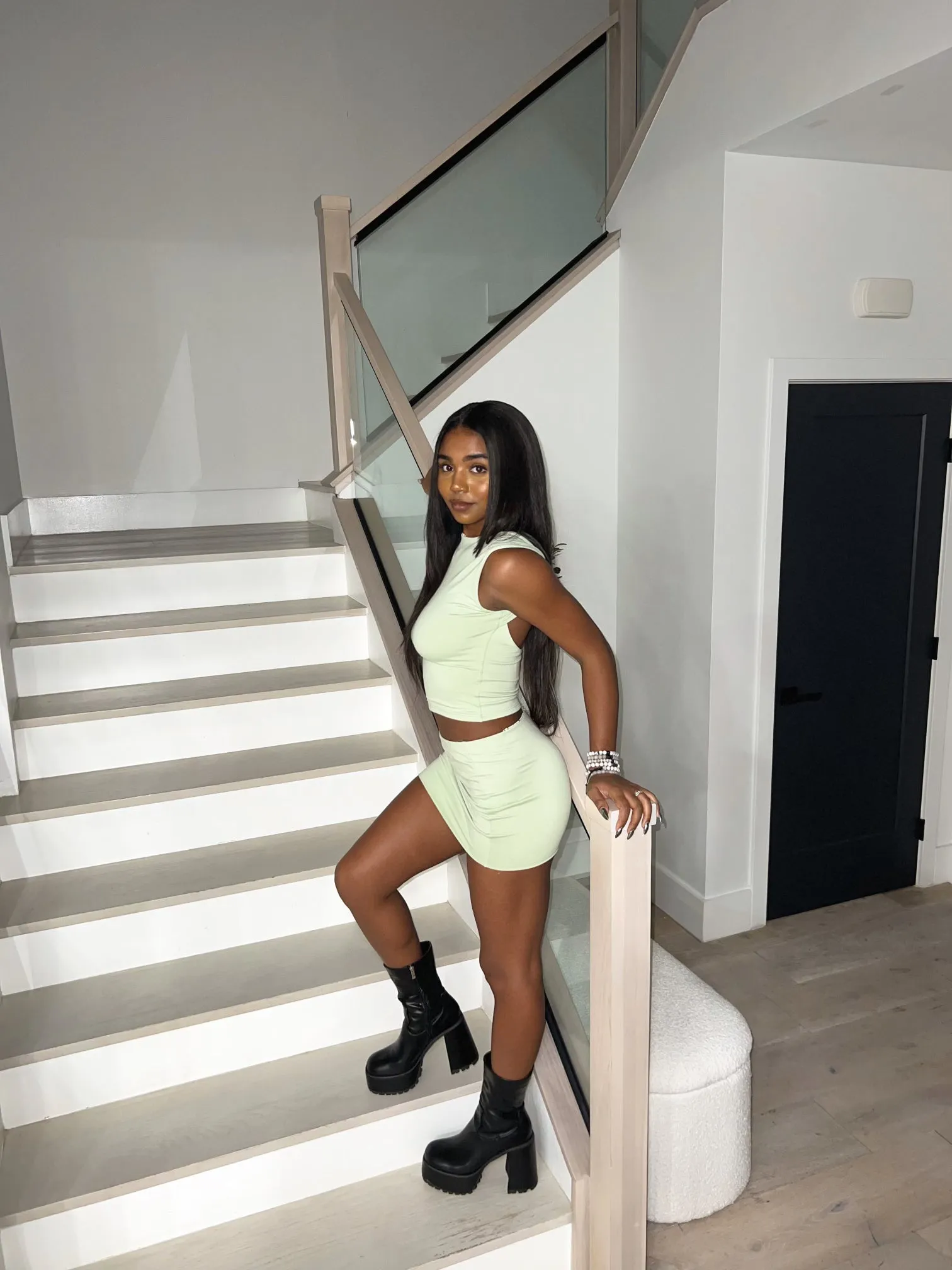 Dulce Open Back Mini Skirt Set (Sage Green)