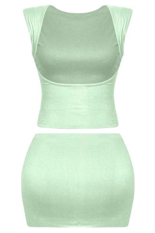 Dulce Open Back Mini Skirt Set (Sage Green)