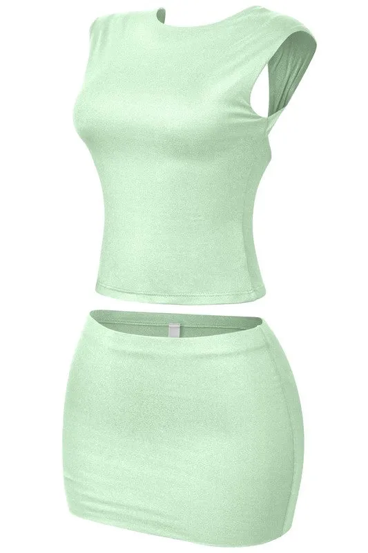 Dulce Open Back Mini Skirt Set (Sage Green)