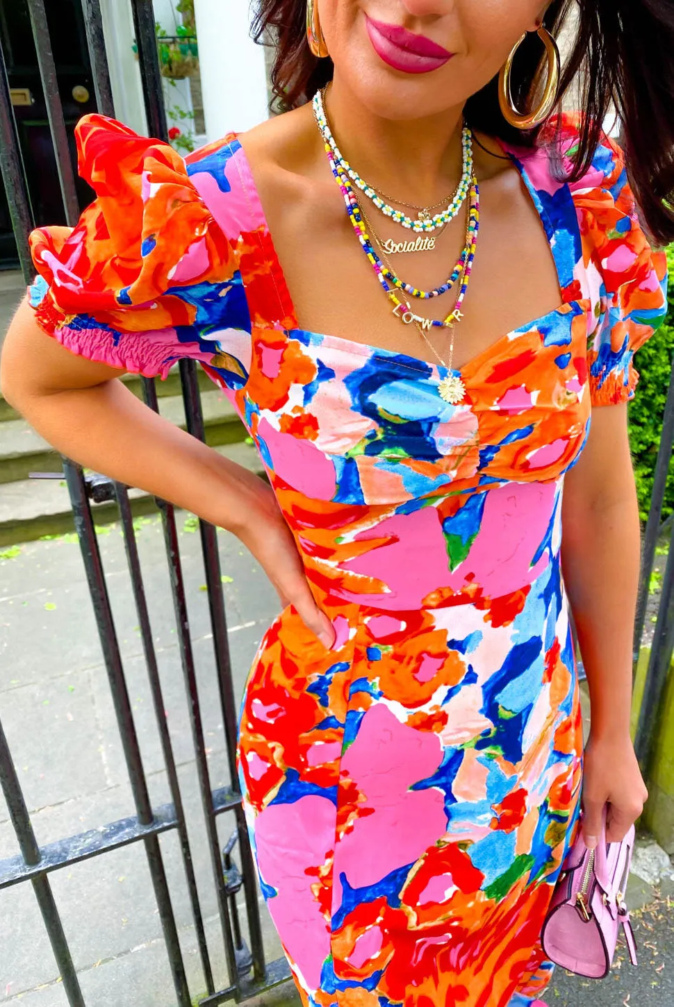 Floral Frenzy - Pink Orange Floral Midi Dress