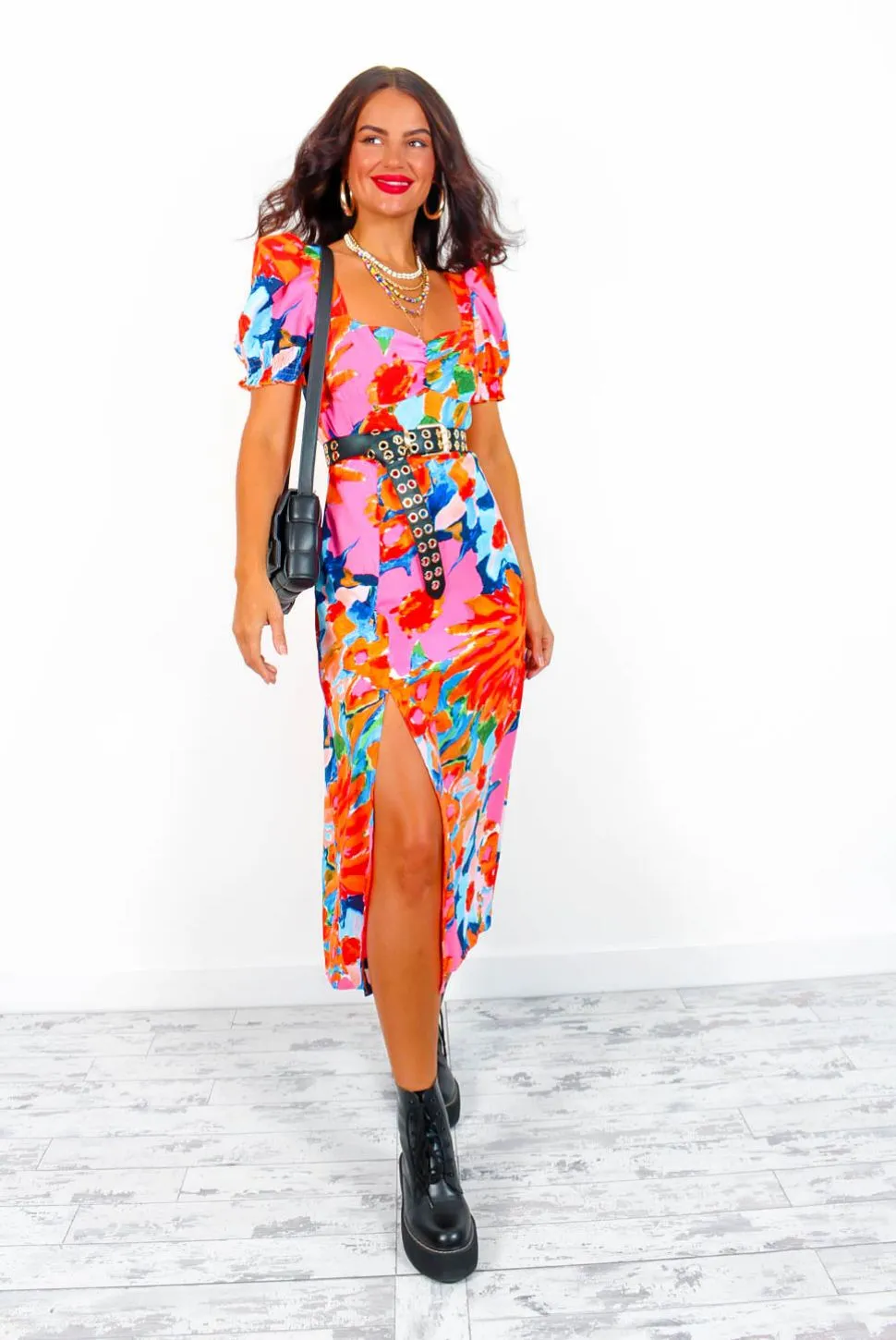 Floral Frenzy - Pink Orange Floral Midi Dress