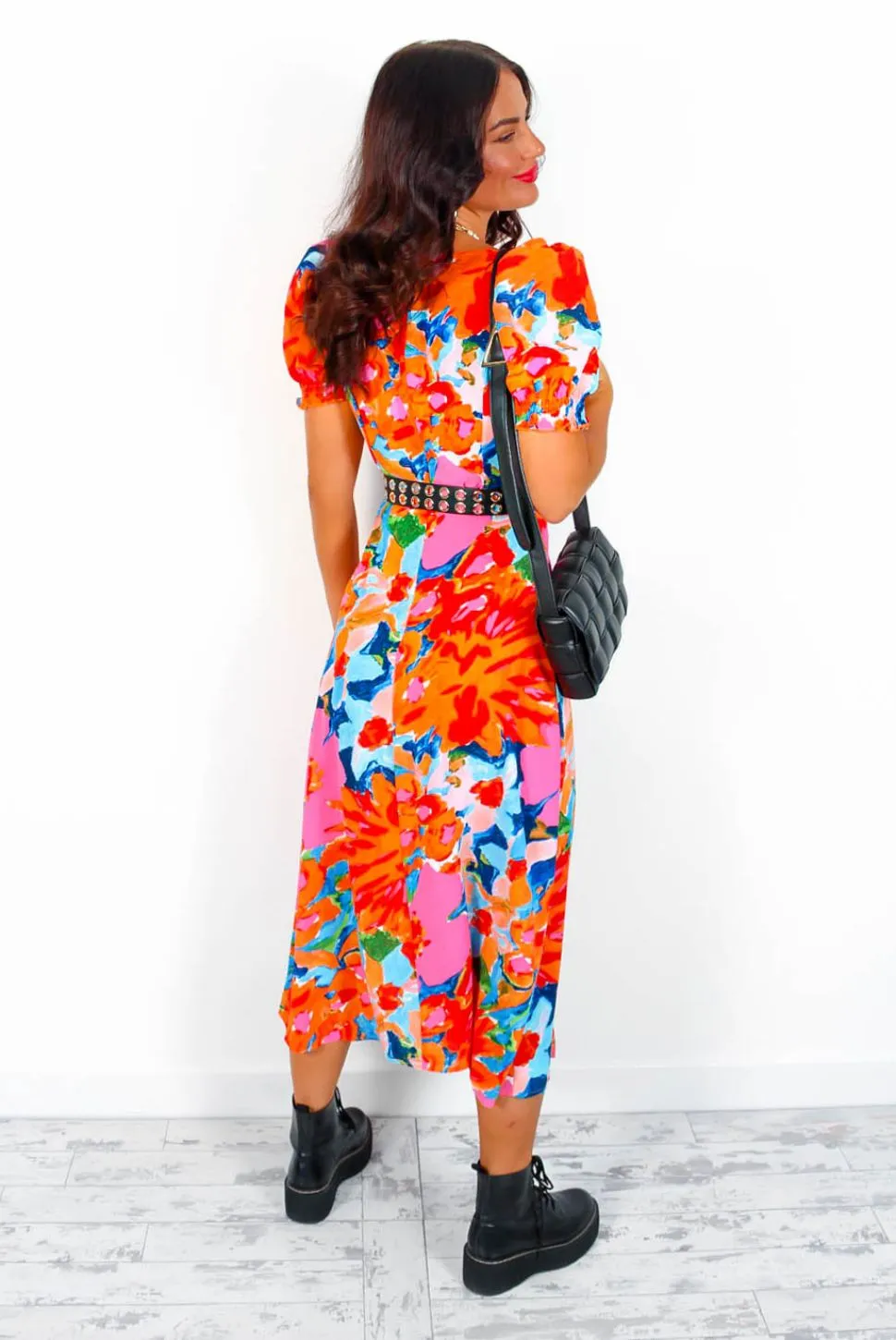 Floral Frenzy - Pink Orange Floral Midi Dress