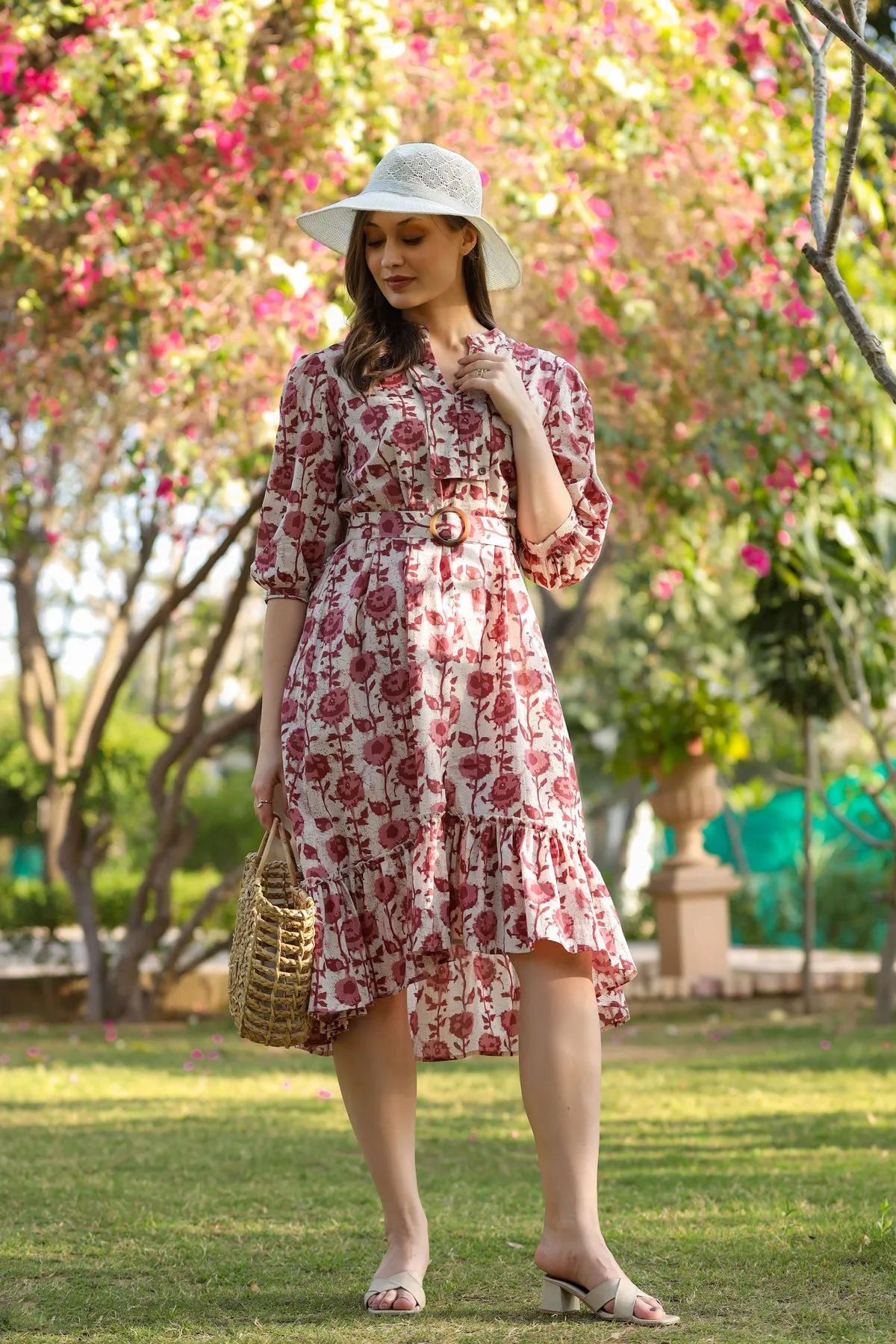 Floral Maroon Twines Cotton Dress