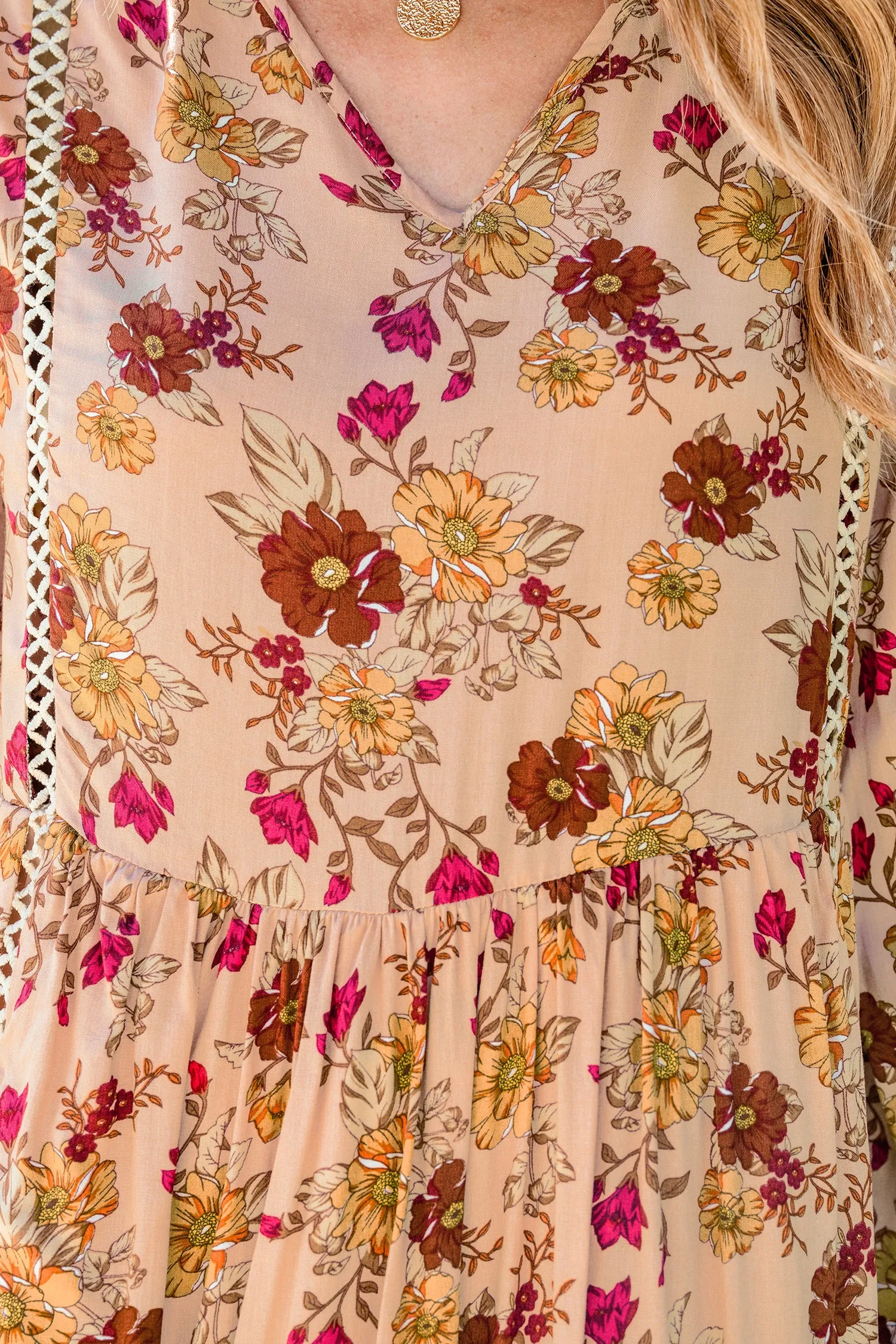Floral Print Lace Trim Flowy Dress