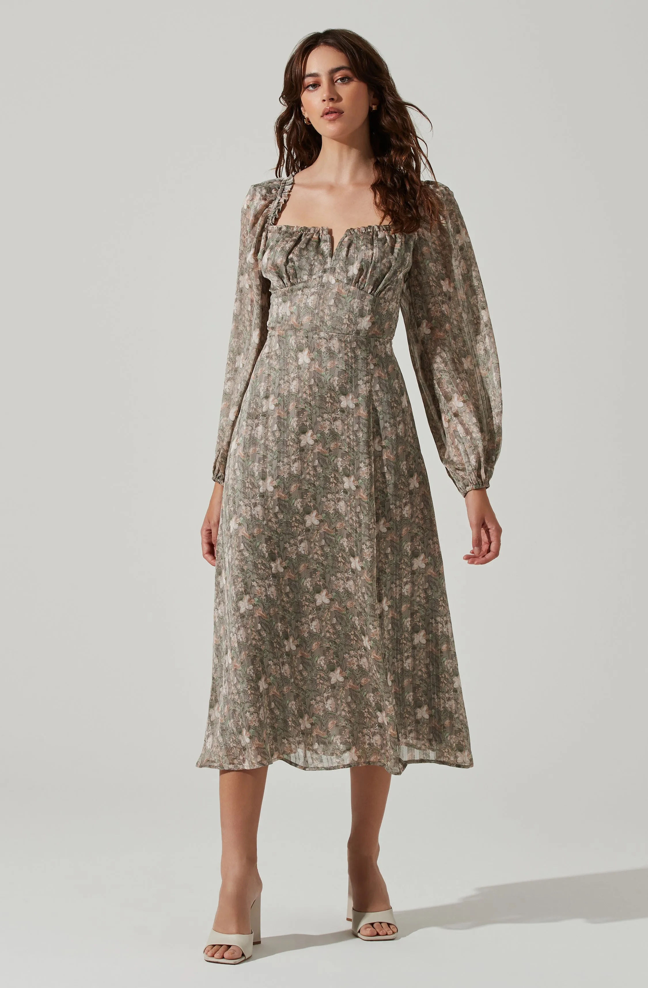 Floral V Front Long Sleeve Midi Dress