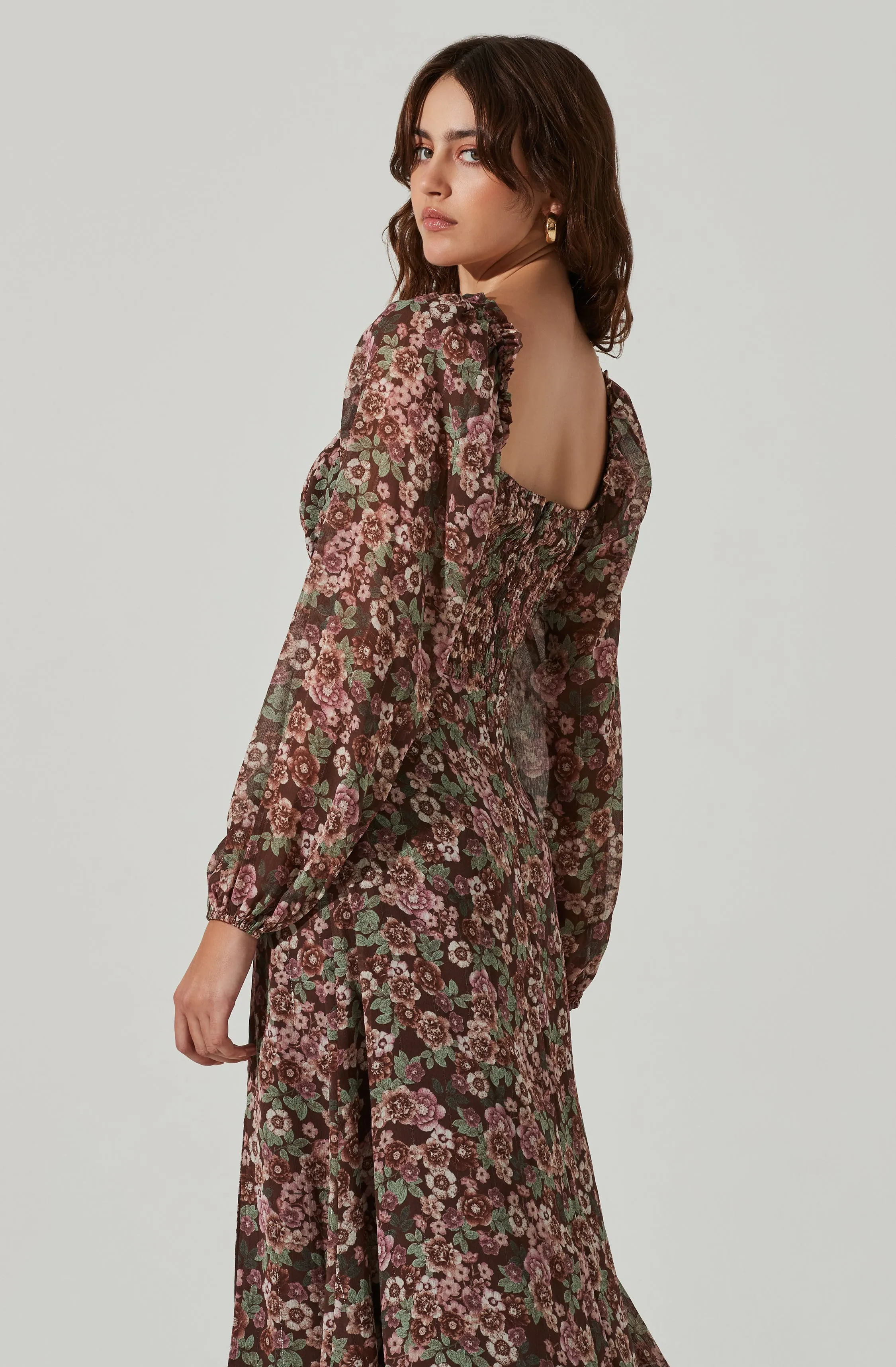 Floral V Front Long Sleeve Midi Dress
