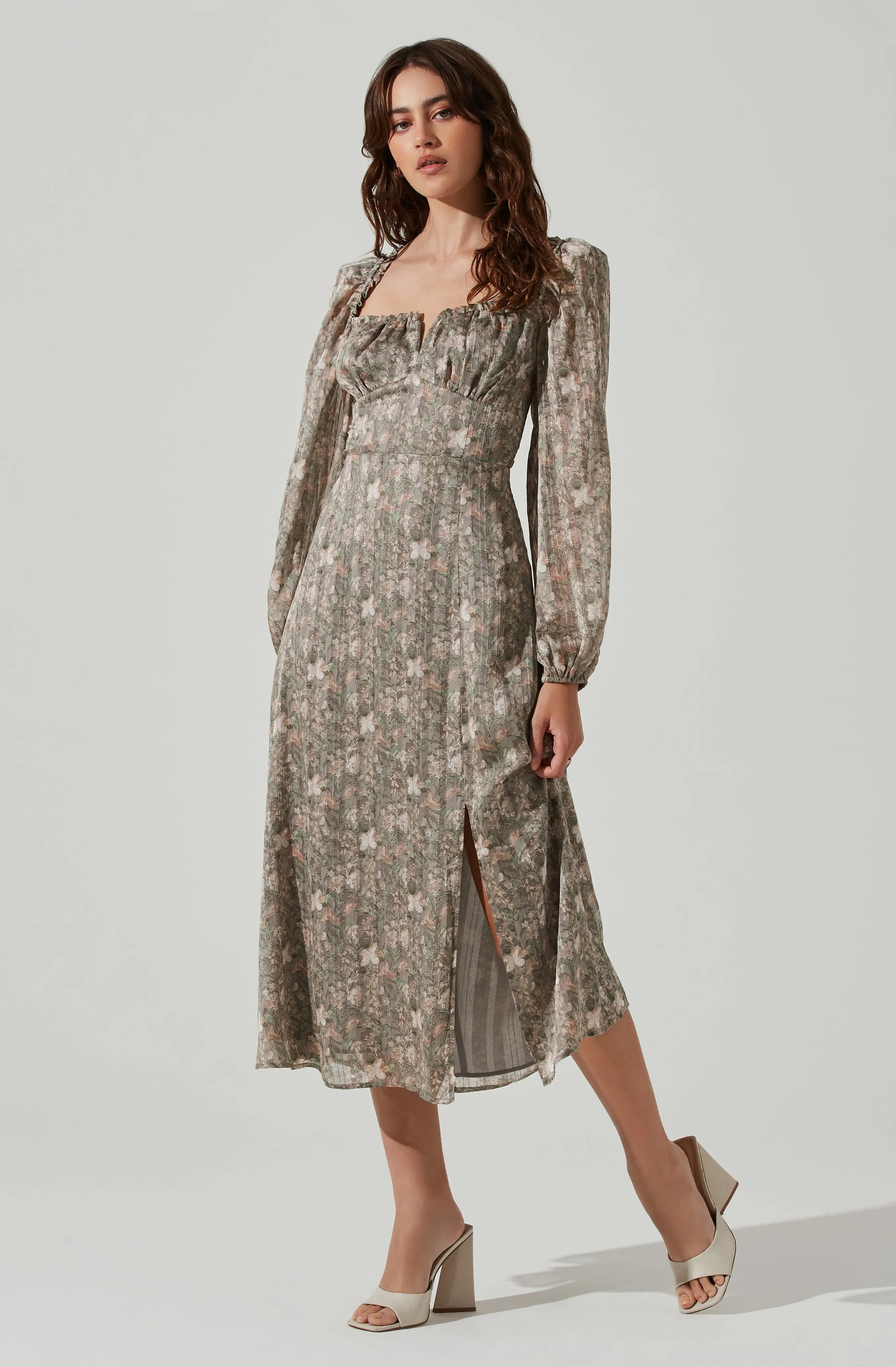 Floral V Front Long Sleeve Midi Dress
