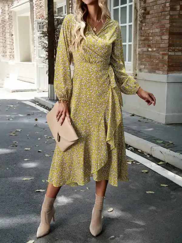 Floral wrap casual resort style strappy full skirt dress