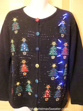 Funny Christmas Sweater with Lights Colorful Buttons and Trees