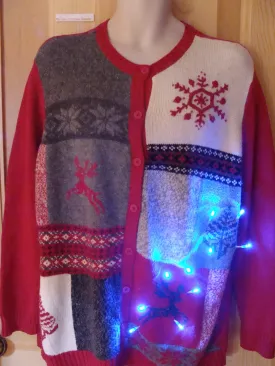 Funny Christmas Sweater with Lights Reindeer Snowflakes